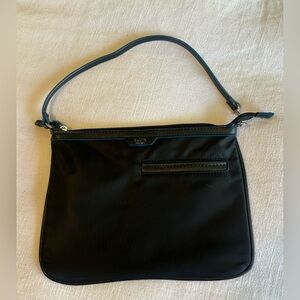 Tutilo Black Nylon Top-Zip purse with Slim Strap. Black with blue trim.